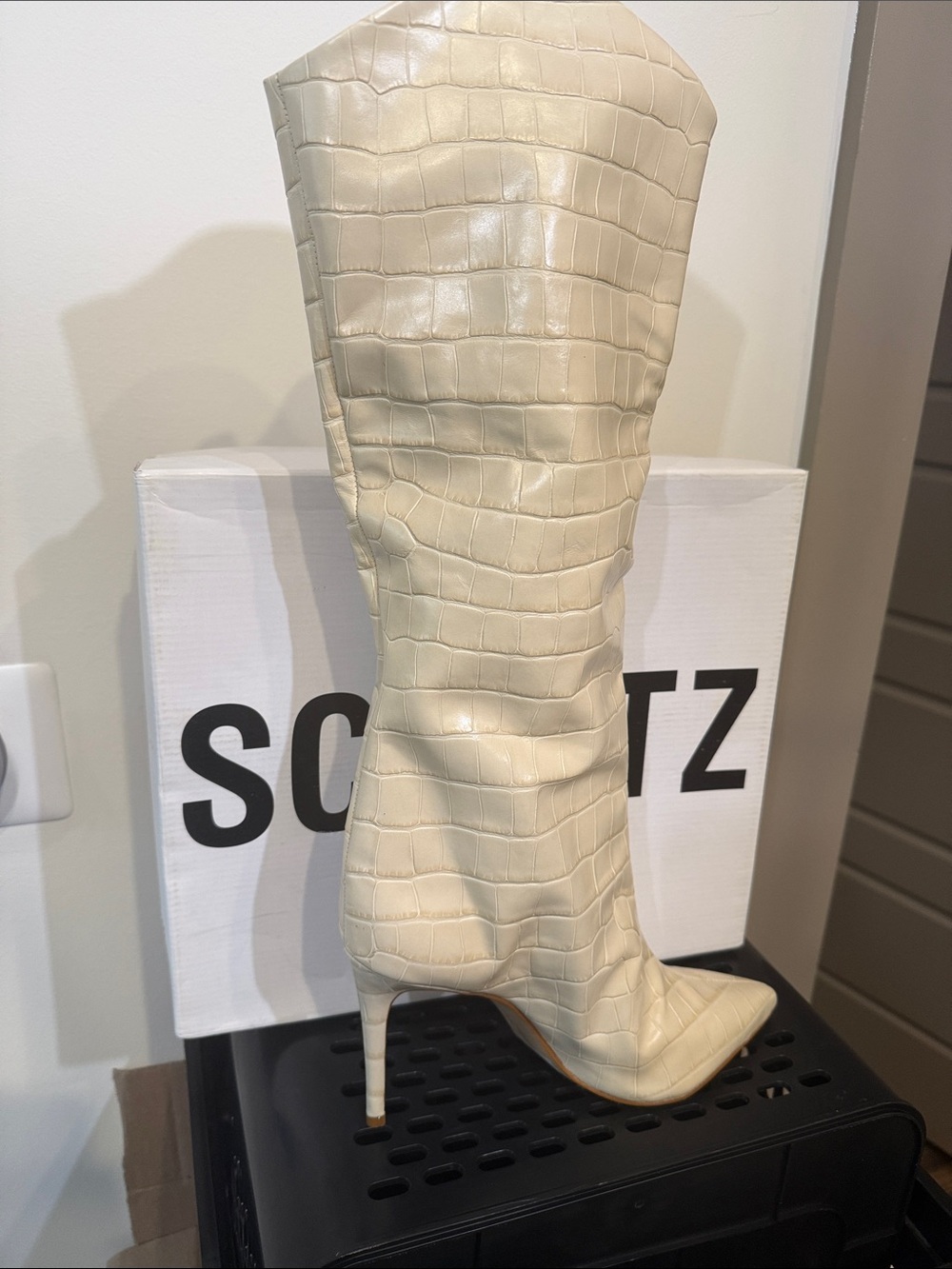 SCHUTZ Maryana Ivory Croc-Embossed Knee Boot